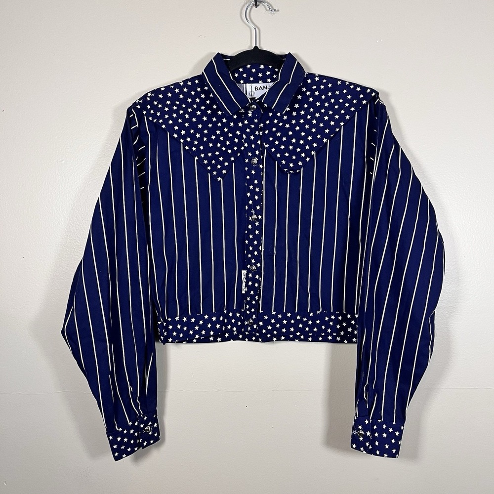 Vintage BANJO Cropped Western Shirt Women L Blue Star Stripe USA Patriotic Y2K